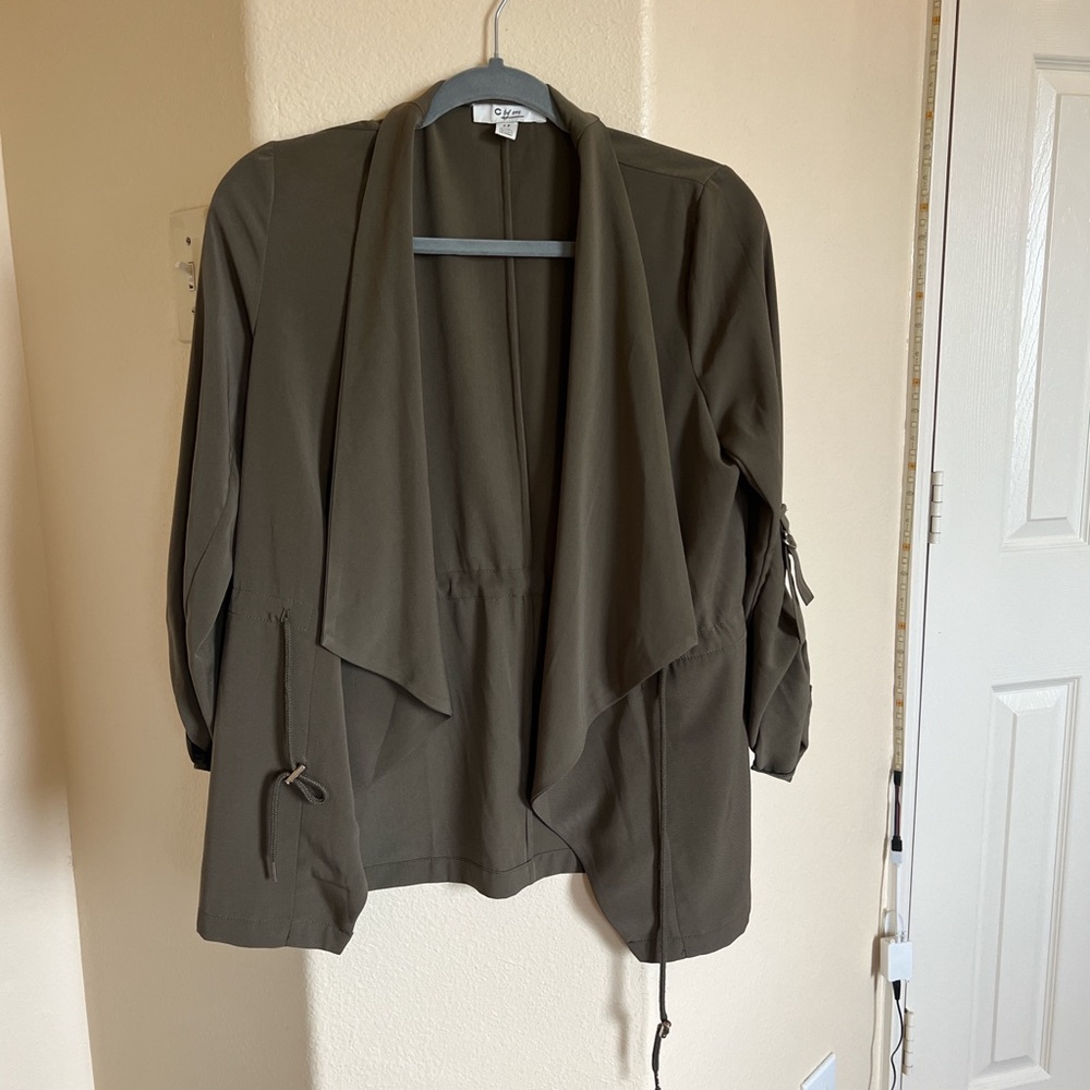 Olive Green Draped Cardigan Sweater Wrap With Pockets Minimalist Size SMALL